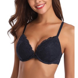 Deyllo Women’s Push Up Lace Bra Comfort Padded Underwire Bra Lift Up Add One Cup(Navy Blue,36D)