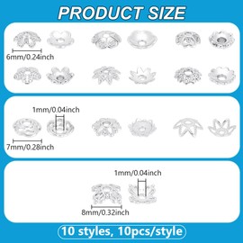 PH PandaHall Pack of 100 10 Styles Bead Caps Flower Bead Caps 6/7/8 mm Spacer Beads Bracelet Beads Flat Spacers for Jewellery Making DIY Crafts Silver