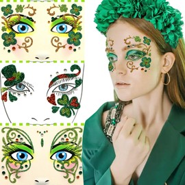 3 Pcs St. Patrick's Day Face Gem Stickers Glitter Green Shamrock Temporary Tattoos Sticker Clover Butterfly Face Art Sticker Makeup Stick on Self Adhesive Decals for Irish Parade Rave Party