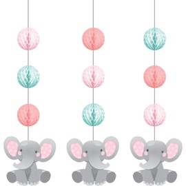 Creative Converting 346348, Enchanting Elephants Girl Honeycomb Hanging Cutouts, 3 Ct, 32", Pink