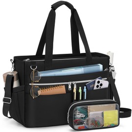 RAINSMORE Tote Bags for Women Nylon 15.6 Inch Laptop Bags Large Water Resistant Teacher Bag for Work Travel College Daily Use Black