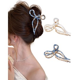 ACECHA 2 Pack Gold Metal Bow Hair Claw Clips for Women, 4.5" Colorful Non-slip Hairclips for Thick Thin Hair Claws Strong Hold Styling (Checkered)