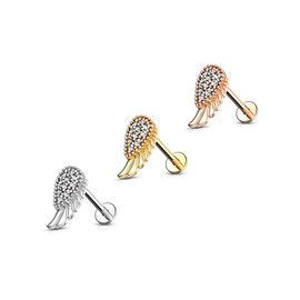 PiercedOff 316L Surgical Steel Labret with Paved Clear CZ Angel Wing - Length 6mm Width 1.2mm