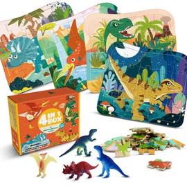 Zippytots Wooden Dinosaur Puzzles for Kids Ages 4-6, 4 in 1 Gift Box 4-Pack 20-Piece Jigsaw Puzzles Come with 4 Small Dino Figures,Preschool Educational Toys Gifts for Kids Boys Girls Ages 3+