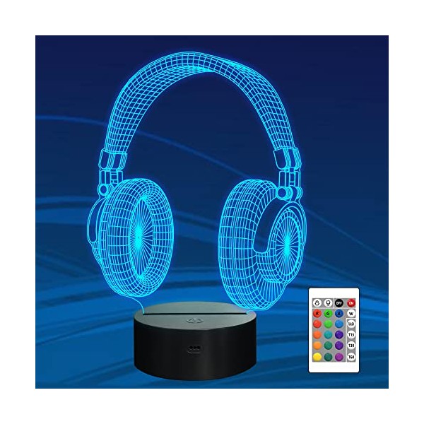 Attivolife Headphone 3D Night Light, Headset Illusion Hologram Lamp,16 Colors Changing with Remote Control Dimmable Novelty Gamer Room Decor Earphone Gifts for Music Lover Teen Boy Girl Men Women