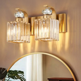 Modern Bathroom Vanity Light, 2-Light Gold Bathroom Lighting Fixtures Over Mirror, 12.6" Crystal Wall Light Sconce for Bathroom/Bedroom/Vanity, Includes LED Bulbs, Easy Installation