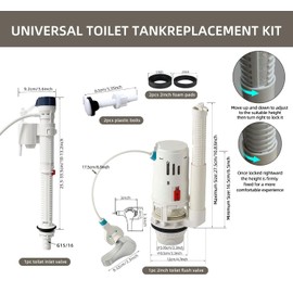 GDHeHKJi Dual Flush Toilet Tank Kit for 2-Inch Two-Piece Toilets, Adjustable Fill Valve & Overflow Tube, ABS Material with 2 Thicknesses of Bungs, Compatible with Front/Side-Loading Flush Valves