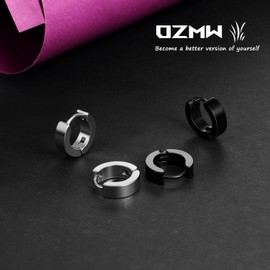 Ozmw 2 pairs of creole earrings, folding hoop earrings, black silver matt, men/women's earrings (1 pair black, 1 pair silver)