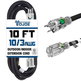 YOJOE Indoor Outdoor Extension Cord with Lighted End, 3 Prong 15A Weatherproof Power Cord, 10 Gauge Heavy Duty 10 ft Black Extension Cord for Garage, Garden and Home, 10/3 SJTW UL Listed
