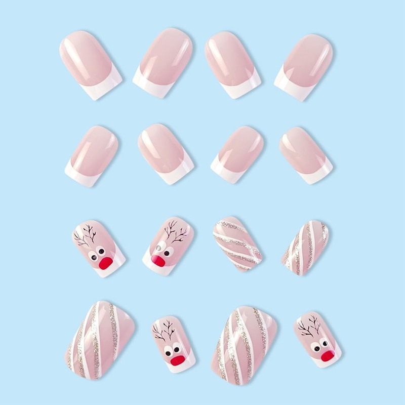 Clataly 24 Pcs Christmas Elk False Nails Snowflake Fake Nails