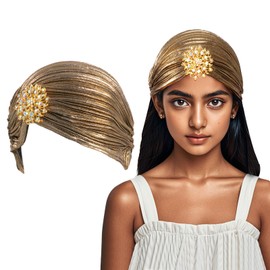 Lufdegim Turban Women's Hat with Removable Crystal Brooch 1920s Fancy Dress Hat Women's Vintage Turban Elastic Head Wraps Gatsby Costume Accessories (Dark Gold)