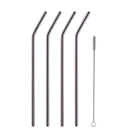 Set of 4 Extra Long Bent Stainless Steel Drinking Straws with Cleaning Brush
