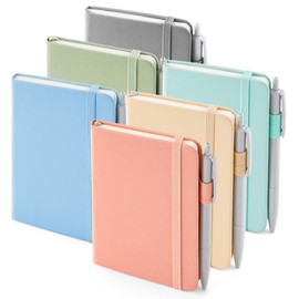 feela 6 Pack Pocket Small Notebooks Bulk, Mini Cute Memo Notepads Hardcover College Ruled Lined Journals with Pen Holder for Women Girls Office School, with 6 Black Pens, 3.5”x 5.5”, A6, Mild Colors