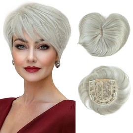 QUEENTAS Grey Hair Toppers for Women with Thinning Hair 360°3D Cover with 5 Clips Short Hair Pieces Wispy Bangs 6"*6" Large Coverage(Gray)