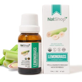 NATSHOP - Aceite Esencial Lemongrass Orgnico, 100 Puro, Grado Teraputico USDA Organic - Tpico, ingerido y aromtico - Antibacteriano y Calmante - 15ml 