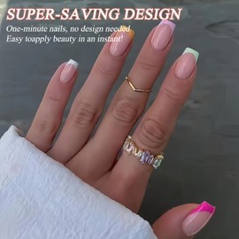 Short French Tip False Nails - Pastel French Tip Press On Nails Square Shape - Colorful Acrylic Fake Nails With Glue - Full Cover Spring Summer nails Stick On nails For Women Girls