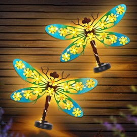 2 Pack Metal Dragonfly Outdoor Wall Decor with 30 Led Solar Lights- 13.9" Outdoor Fence Wall Art Decor, Gift for Mom Grandma Women Birthday Gardening,Hanging Decoration for Garden Patio Porch Yard