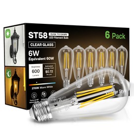 Eastiya Dusk to Dawn Light Bulbs, 6W Equivalent 60W, Soft White 2700K, E26 Base, Light Sensing, ST58 Vintage Style, 600LM, Outdoor Edison Bulbs, Automatic Light Bulbs for Porch Patio Garage, 6 Pack