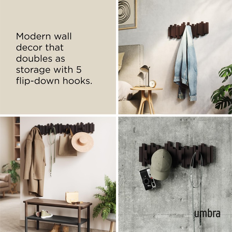 Umbra Sticks Wall-Mounted Coat Rack Rail Hook with 5 Retractable