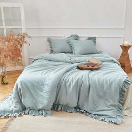 Simple&Opulence Ruffled Linen Cotton Duvet Cover Set 3Pcs, Relaxed Cottagecore Style with Romantic Layers (1 Duvet Cover & 2 Pillowcases) – Dusty Blue, King Size