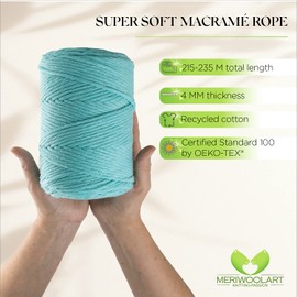 MeriWoolArt® Natural Macrame Yarn, 4 mm, Colourful, 225 m, Super Soft Cotton Yarn, Single Twisted Cord for Wall Hanging, Basket, Curtain and More DIY (Aqua)