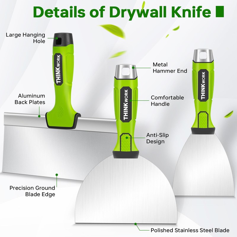 THINKWORK Drywall Tools - 8Pcs Stainless Steel Drywall Knife Set