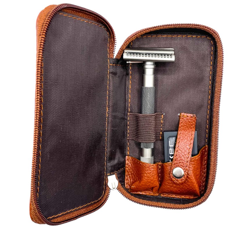 Parker Saddle‑Brown Leather Double Edge Safety Razor Case with Blade
