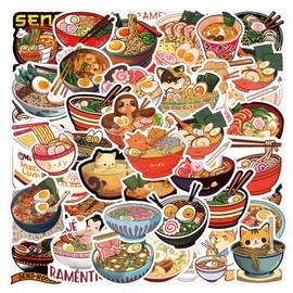 50 Packs Ramen Stickers Water Bottles Laptop Phone Motorcycle Computer Guitar Skateboard Hydroflasks Ramen Vinyl Sticker Waterproof Aesthetic Trendy Decals for Teens Girls Adults