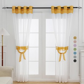 L.Z.E Voile Curtains Transparent Gold White Curtains for Living Room and Bedroom 160 cm Short Set of 2 Curtain with Eyelets Decorative Scarf with Decorative Ribbons Lightweight and Airy Eyelet Curtain