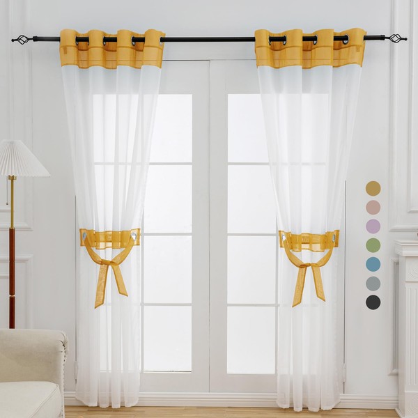 L.Z.E Voile Curtains Transparent Gold White Curtains for Living Room