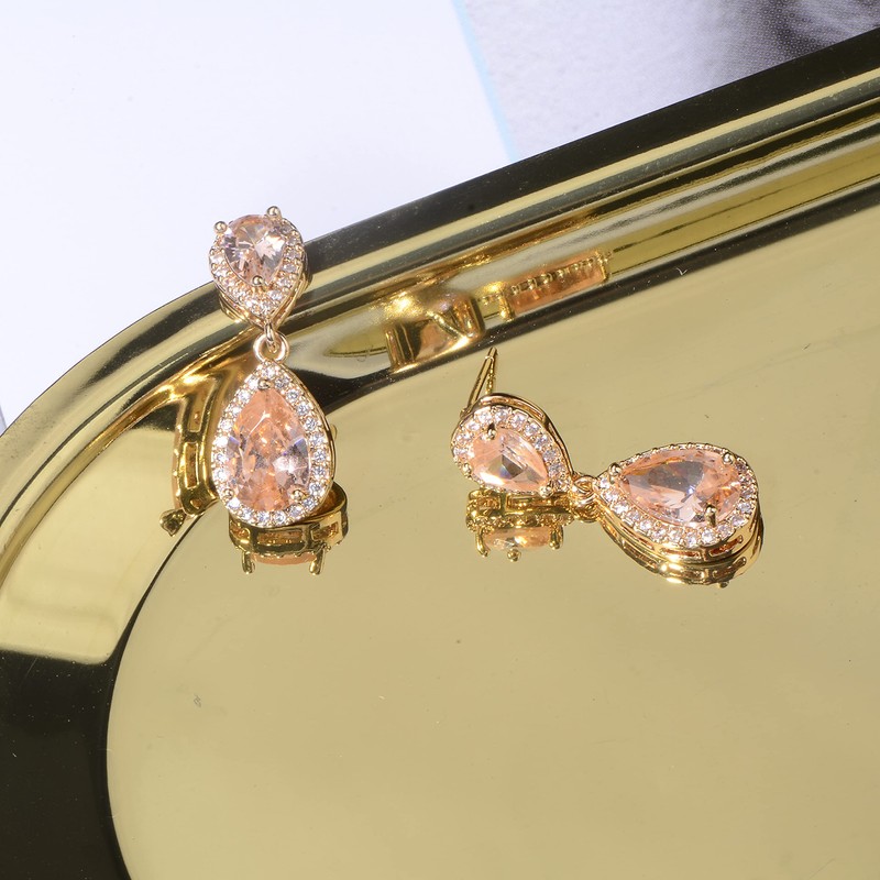 Champagne Earrings for Wedding Gold - Sterling Silver Pave Teardrop