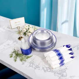 I00000 350 Pcs Blue Plastic Dinnerware Set for 50 Guests Include: 50 Dinner Clear Blue Party Plates, 50 Dessert Plastic Plates, 50 Pre Rolled Napkins with Cutlery Set, 50 Cups for Wedding