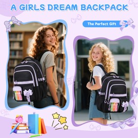 QIXIHU Girls Backpack,Multiple Pockets Bookbag for Middle & Elementary School,Large Capacity Kawaii Kids Backpack for Girls(Black Purple)