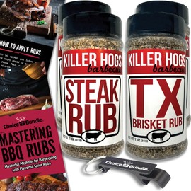 Killer Hogs Steak Rub & TX Texas Brisket Rub Premium BBQ Barbecue & Seasoning 4 pk Variety Choice Bundle (44 oz) + BBQ Guide & Keychain Bottle Opener (6 Items)!