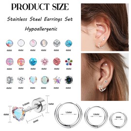 YADOCA 21Pairs Hypoallergenic Screw Back Earrings for Women Girls 20G Surgical Steel Flat Back Stud Earrings Tiny CZ Opal Moonstone Screwback Earrings Hoop Set Multicolored