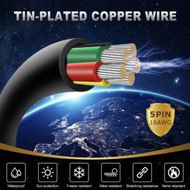 DEKIEVALE 16 Gauge 5 Conductor Electrical Wire, 65.6FT 16AWG Black PVC Stranded Tinned Copper 5 Wire Cable, 16/5 Extension Cable for LED Lamp Lighting, Automotive, Speaker, Access Control, etc.