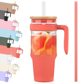 Tronco 40 oz Glass Tumbler with Straw and Lid, Reusable Glass Tumbler with Handle, Iced Coffee Cup with Bamboo Lid, Glass Water Bottles Fit in Cup Holder, Smoothie Cup