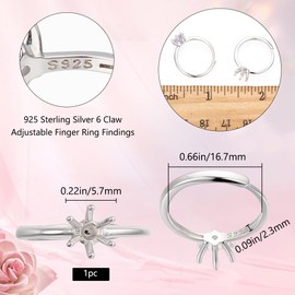 Beebeecraft 1 Box Prong Ring Blanks Sterling Silver Adjustable 6 Claw Prong Ring Settings Finger Ring Components with 5.7mm Tray for Jewellery Making Kit Findings DIY Crafts