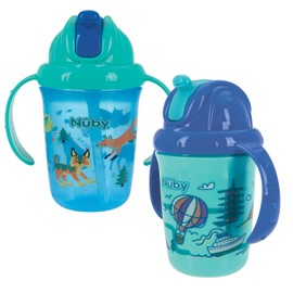 Nuby - Taza de dos asas para entrenador sin derrames, con pajita suave | Flip-n Sip | Paquete de 2: animales azules y coches azules, viajes acuáticos, animales azules o animales rosados y Aqua Ocean