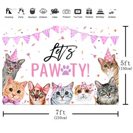 Aperturee 7x5ft Cute Cats Happy Birthday Themed Backdrops Let's Paw-ty Pet Cats Pink Girl Photography Background Birthday Banner for Puppy Bday Party Photo Booth Props Party Decorations