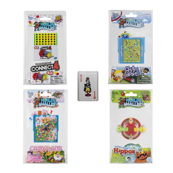 Worlds Smallest Miniature Classic Kids Games Bundle – Hungry Hungry Hippos – Chutes & Ladders – Candyland – Connect 4 with Bonus Miniature Playing Cards, Fun for Travel & Family Game Night
