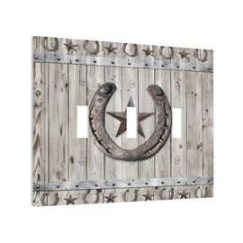 Sghxwp Rustic Western Wood Barn Door Horseshoe Iron Star 3 Gang Light Switch Covers Triple Toggle Wall Plate Decorative Switchplate Electrical Faceplate for Farmhouse Country Bedroom Decor