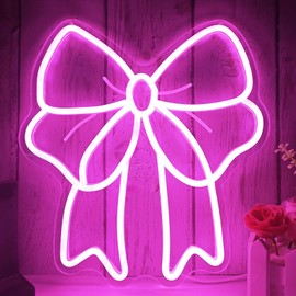 Vveikea Pink Bow Neon Sign Bows Neon Lights for Bedroom Dimmable Coquette Ribbon Bow Birthday Decorations Pink Wall Art Bow Wall Decor Led Sign Gifts for Girls Party