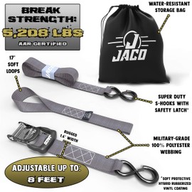 JACO Heavy Duty Ratchet Straps - 1.6 inch x 8 ft (Pack of 4) | Tie Down Kit with Soft Loops - 5,208 lbs (Grey)