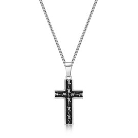 Metro Jewelry Stainless Steel with Black Ion Plating Barbed Wire Cross Pendant Necklace for Men - 24 Inches Long Chain Necklace - Lobster Claw Clasp