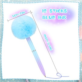 Epakh 12 Pieces 0.5 mm Pompom Ballpoint Pen Cute Fluffy Pen Pastel Girls Christmas Gift Pen Multicolor Fancy Pen for Wedding School Office Christmas Supply, Purple, Coral, Pink, Blue (Blue Ink)