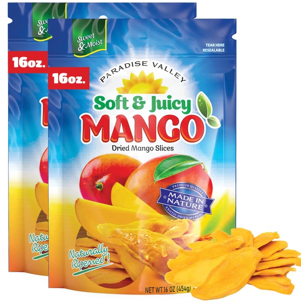 Dried Mango Slices - Delicious Texture Soft & Juicy Low Sugar Added Dried Mango - Naturally Ripened Mangos Dried Fruits - Gluten Free Dry Mangoes Natural Source of Vitamin C, Fiber, (16 oz Mango 2 Pack)