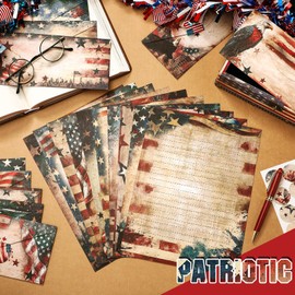 TaoBary 160 Pcs Stationery Paper Set 50 Double Sided Stationery Papers with 50 Matching Envelopes and 60 Round Dot Sticker, 10 Design(Patriotic,8.5 x 11 Inch)
