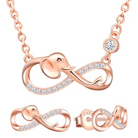 Yumilok Women's Jewellery Set Necklace with Elephant Infinity Pendant and Women's Stud Earrings Made of 925 Sterling Silver, Sterling Silver, Cubic Zirconia