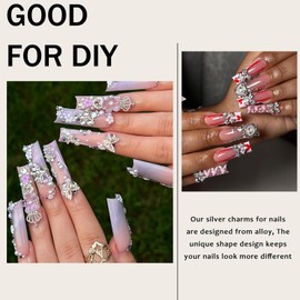 YAEISM 12 Grids Silver Nail Charms Kits Crystal Heart Nail Charms Sparkly Money Nail Charms Alloy Cross Butterfly Crown Bow Nail Charms with Glue Gel,Tweezer for Women Nail Art